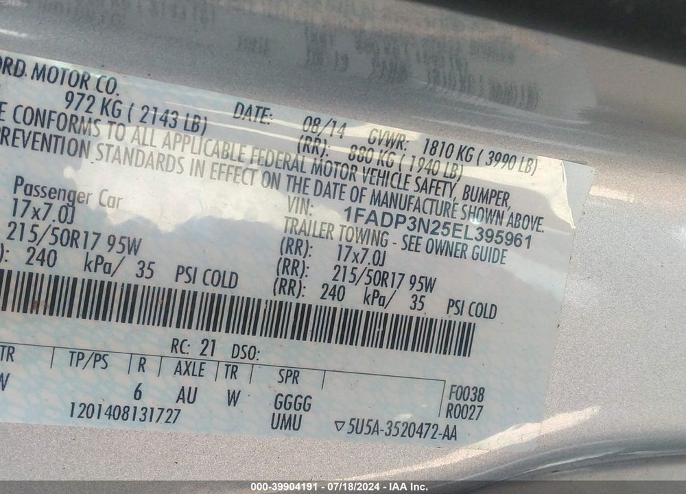 2014 FORD FOCUS TITANIUM VIN: 1FADP3N25EL395961