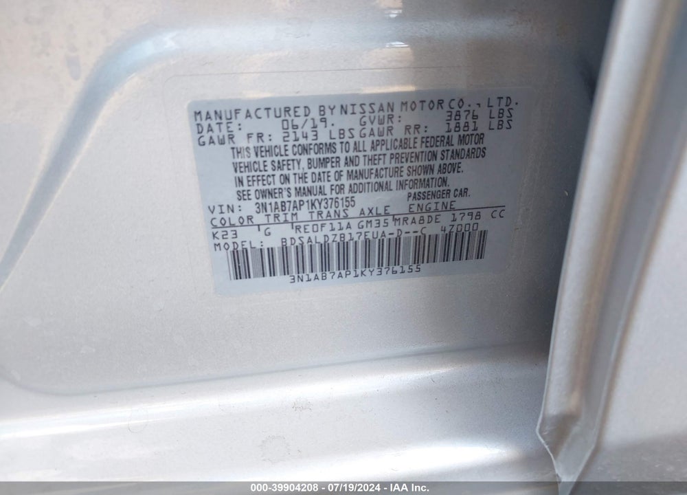 2019 NISSAN SENTRA SV VIN: 3N1AB7AP1KY376155