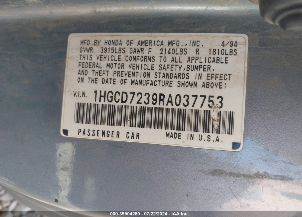 1994 HONDA ACCORD LX VIN: 1HGCD7239RA037753