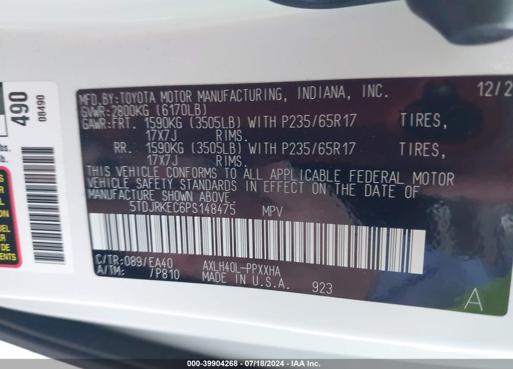 2023 TOYOTA SIENNA XLE VIN: 5TDJRKEC6PS148475