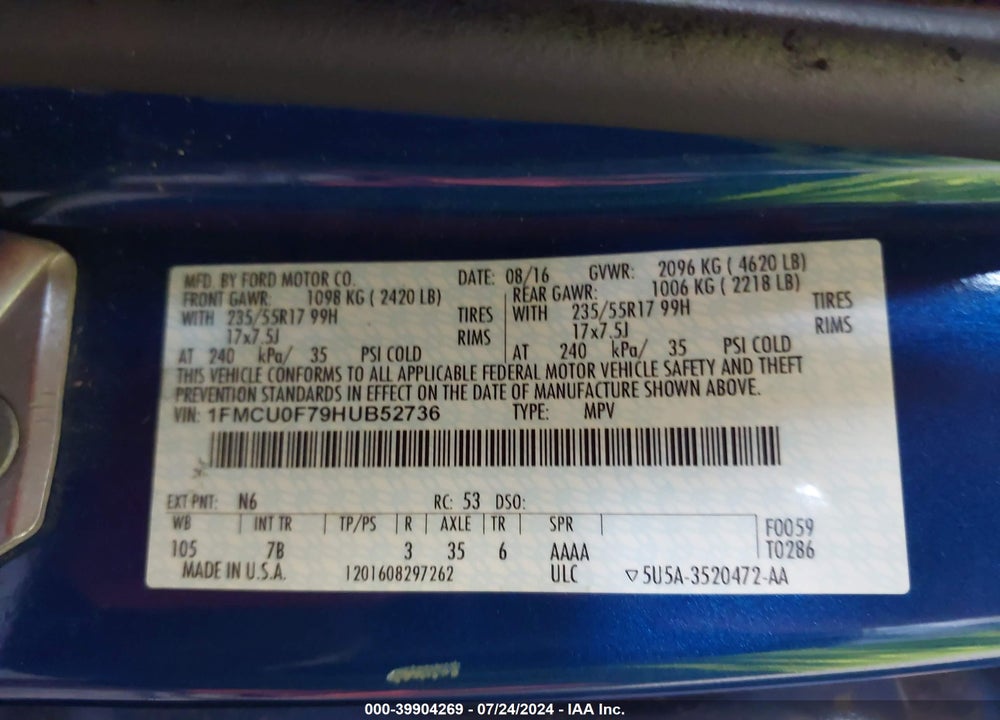 2017 FORD ESCAPE S VIN: 1FMCU0F79HUB52736