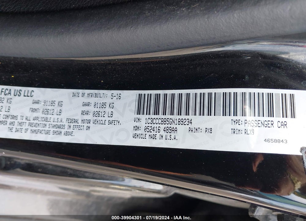2016 CHRYSLER 200 S VIN: 1C3CCCBB5GN189234