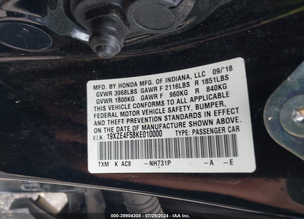 2019 HONDA INSIGHT EX VIN: 19XZE4F58KE010000