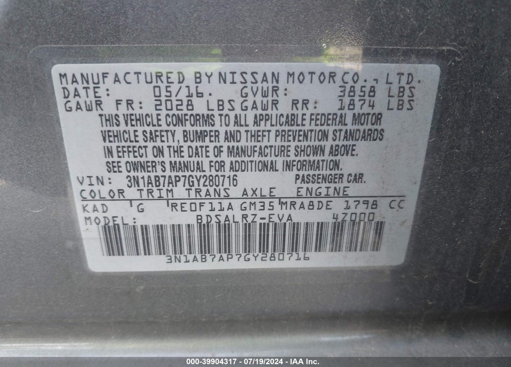 2016 NISSAN SENTRA FE+ S/S/SL/SR/SV VIN: 3N1AB7AP7GY280716