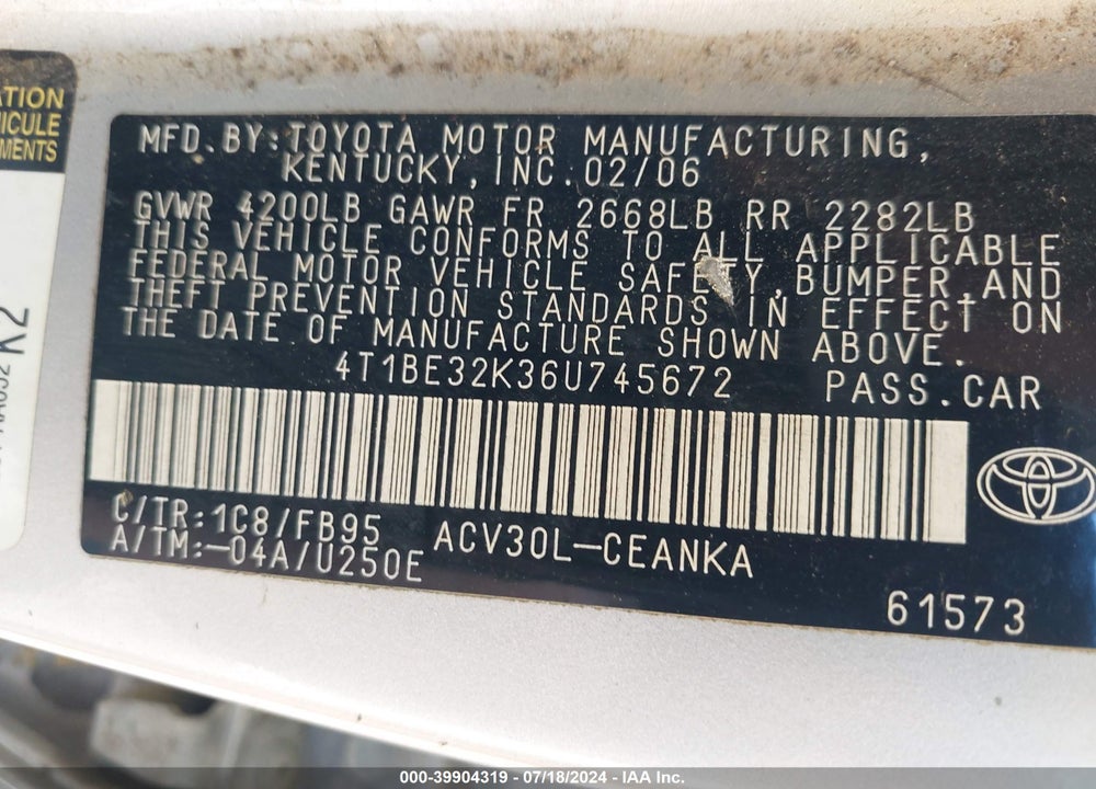 2006 TOYOTA CAMRY LE VIN: 4T1BE32K36U745672