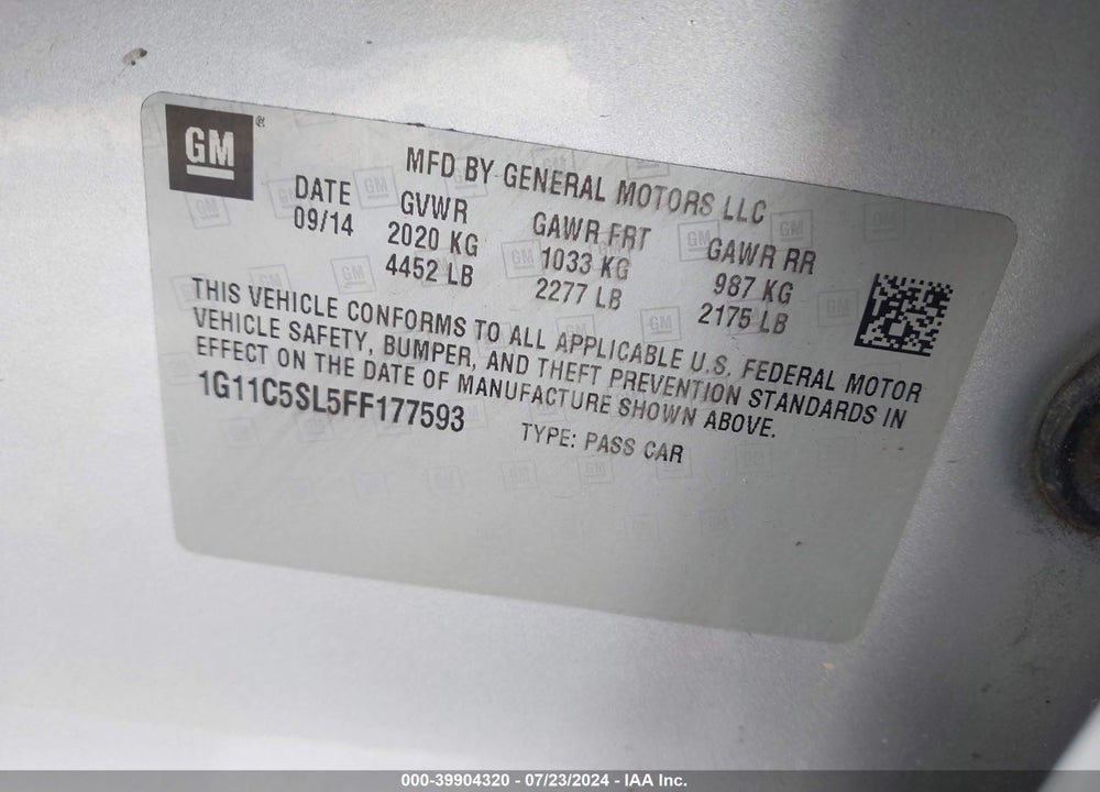 2015 CHEVROLET MALIBU 1LT VIN: 1G11C5SL5FF177593