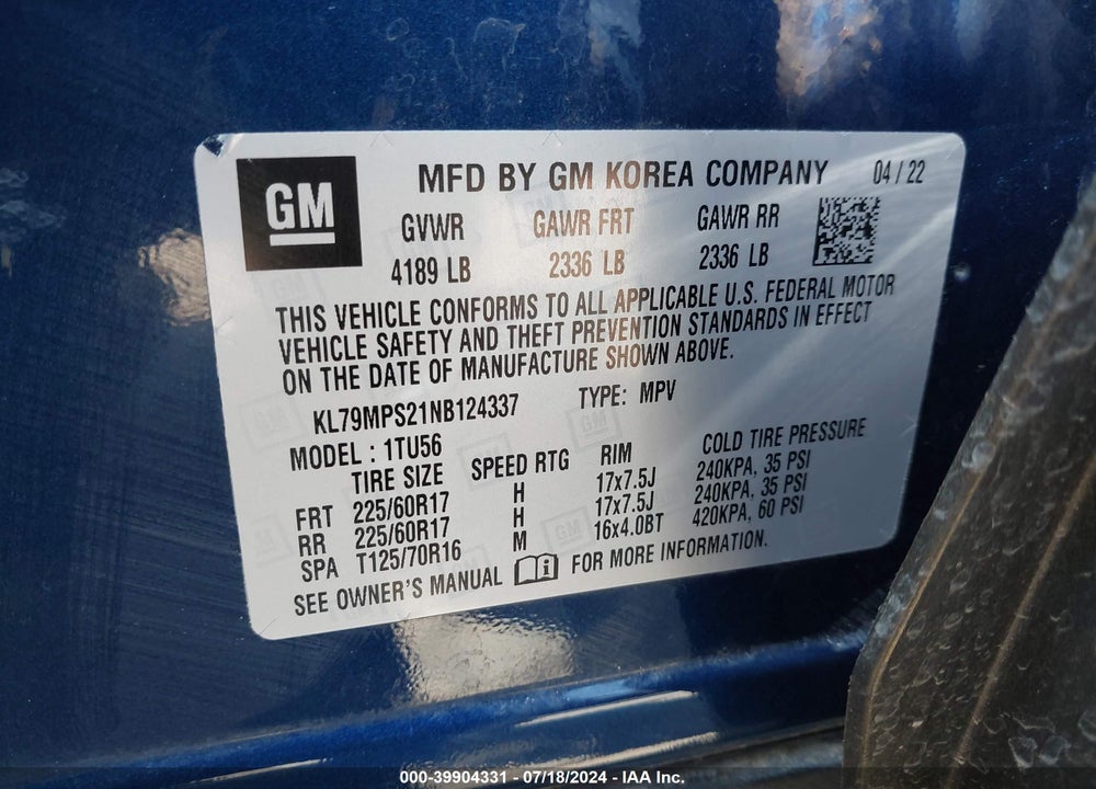 2022 CHEVROLET TRAILBLAZER FWD LT VIN: KL79MPS21NB124337