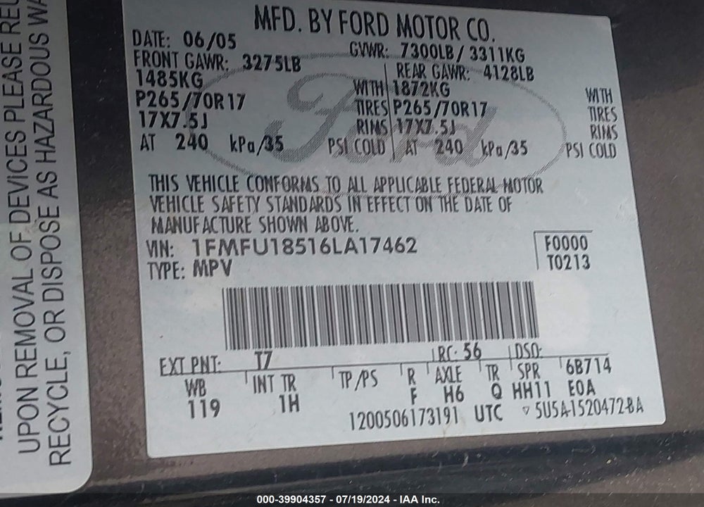 2006 FORD EXPEDITION EDDIE BAUER/KING RANCH VIN: 1FMFU18516LA17462