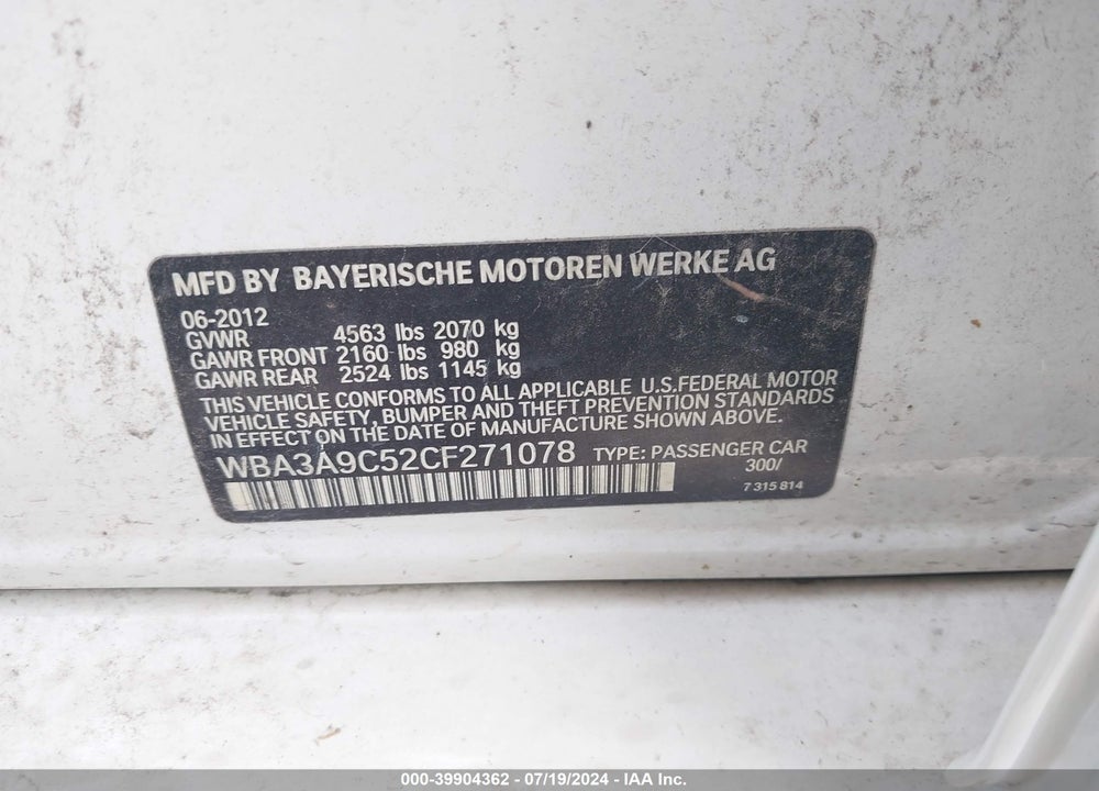 2012 BMW 335I VIN: WBA3A9C52CF271078