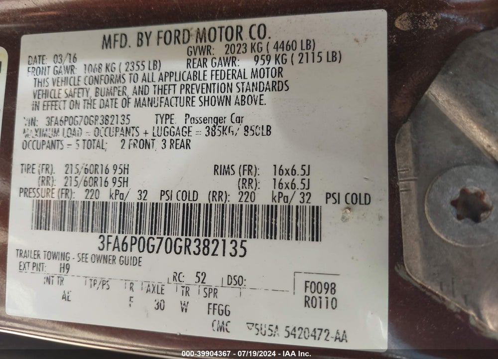 2016 FORD FUSION S VIN: 3FA6P0G70GR382135