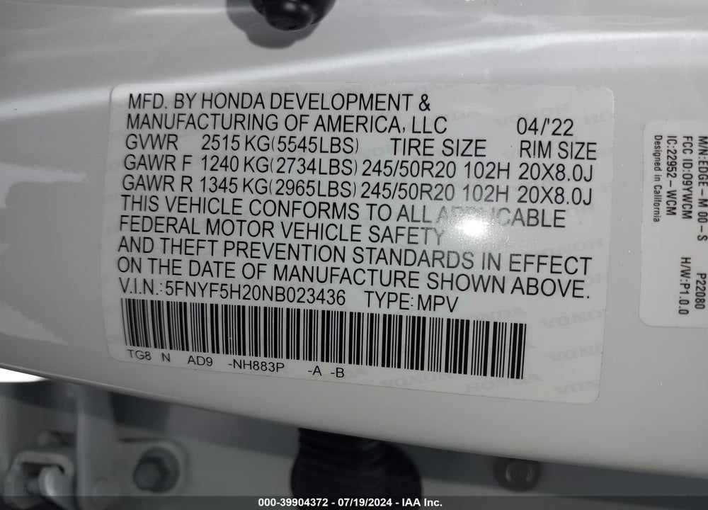 2022 HONDA PILOT 2WD SPECIAL EDITION VIN: 5FNYF5H20NB023436