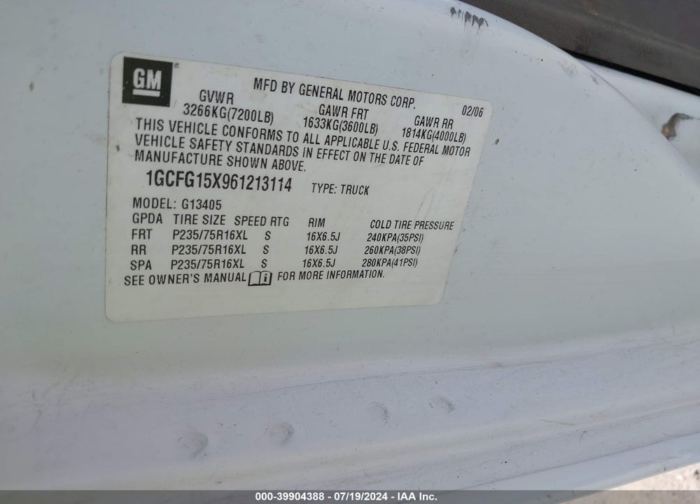 2006 CHEVROLET EXPRESS WORK VAN VIN: 1GCFG15X961213114
