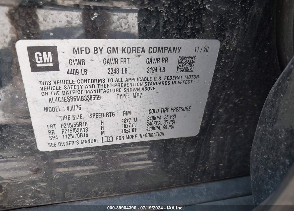2021 BUICK ENCORE AWD PREFERRED VIN: KL4CJESB6MB338559