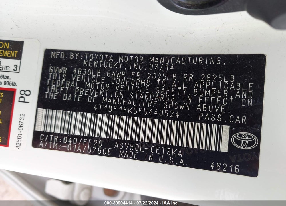 2014 TOYOTA CAMRY SE SPORT VIN: 4T1BF1FK5EU440524