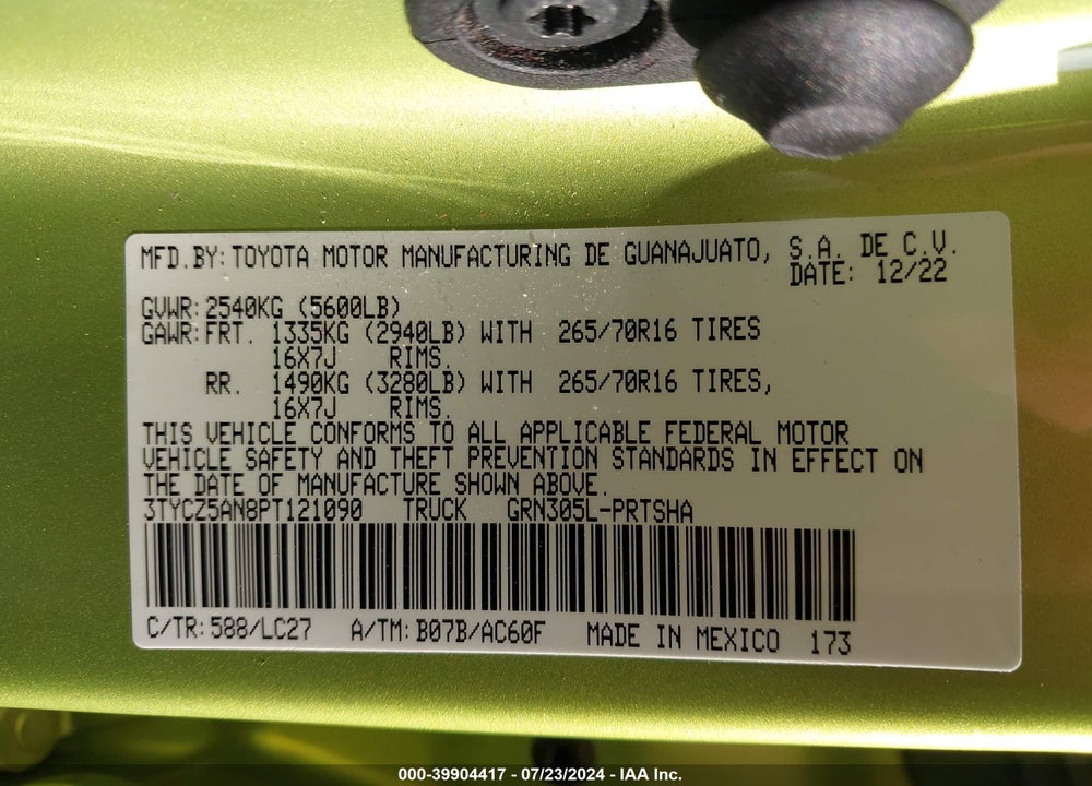 2023 TOYOTA TACOMA TRD OFF ROAD VIN: 3TYCZ5AN8PT121090