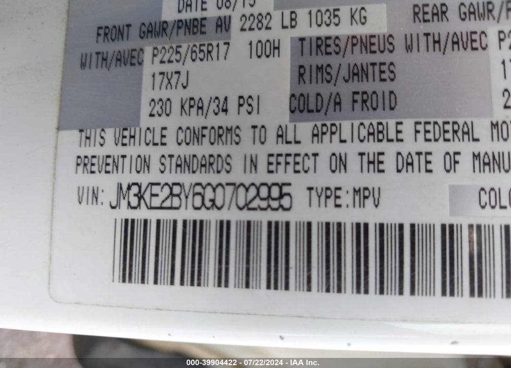 2016 MAZDA CX-5 SPORT VIN: JM3KE2BY6G0702995