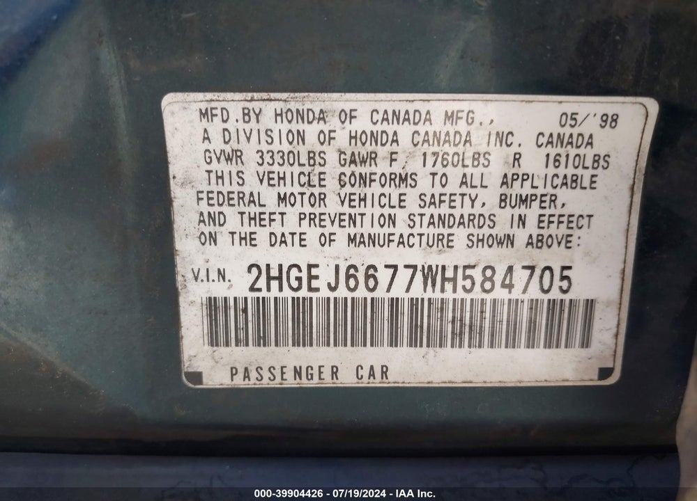 1998 HONDA CIVIC LX VIN: 2HGEJ6677WH584705