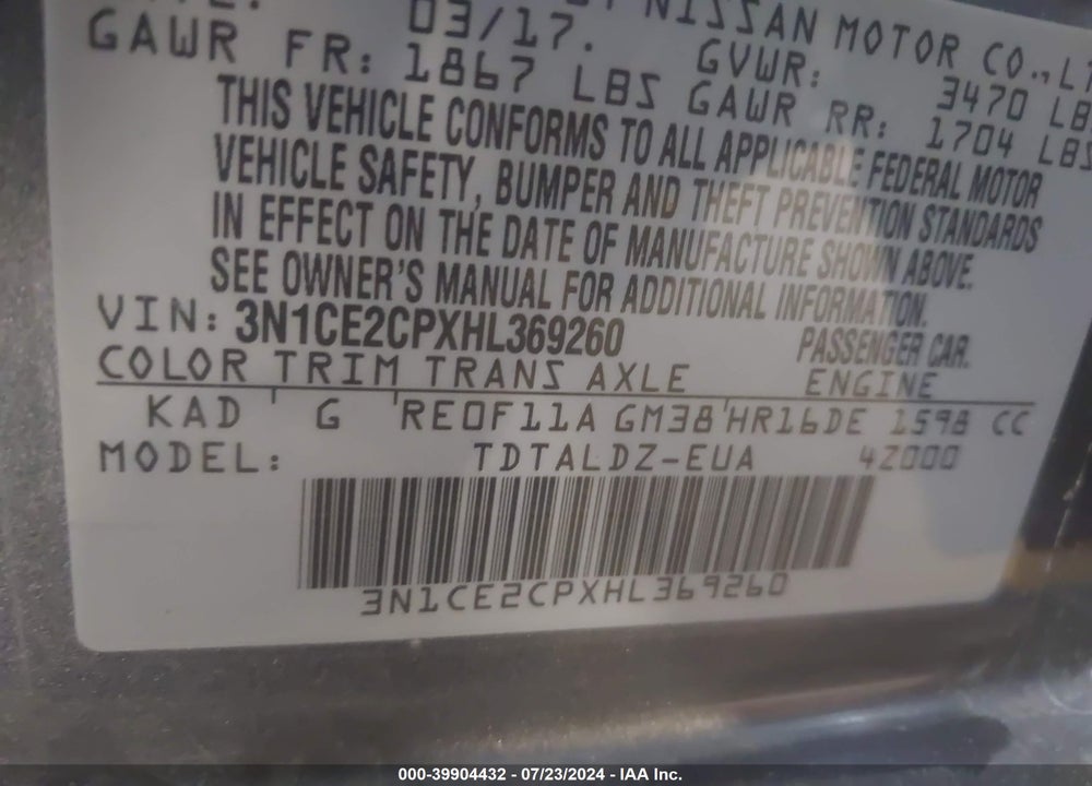 2017 NISSAN VERSA NOTE SV VIN: 3N1CE2CPXHL369260