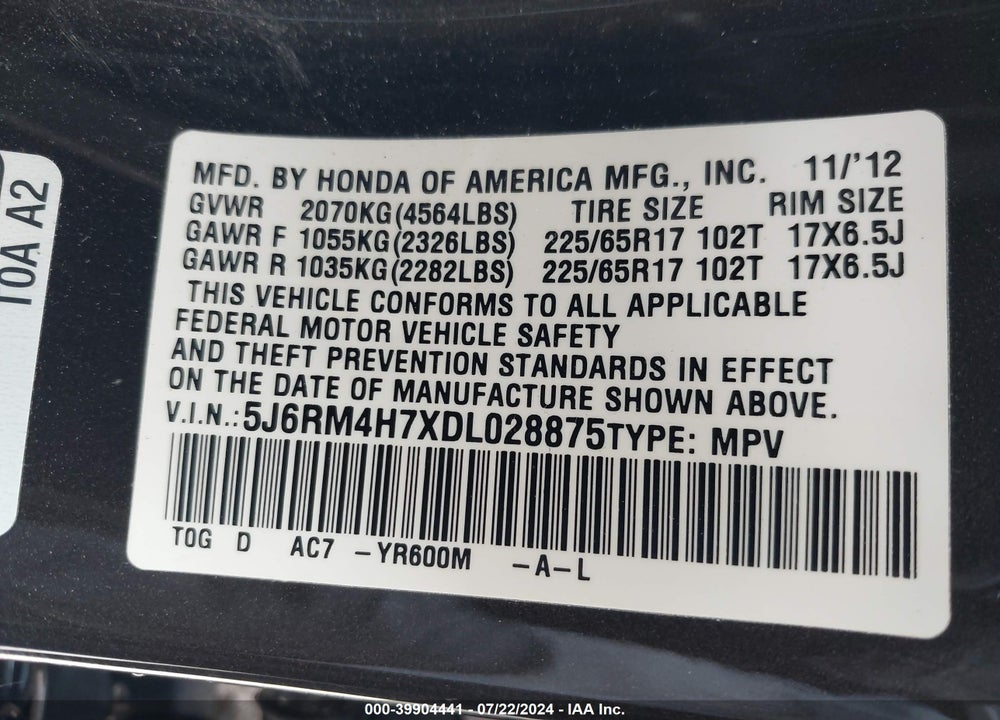 2013 HONDA CR-V EX-L VIN: 5J6RM4H7XDL028875