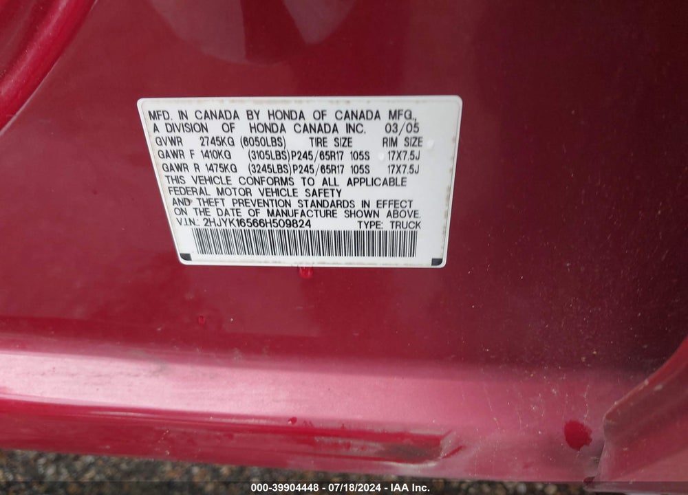 2006 HONDA RIDGELINE RTL VIN: 2HJYK16566H509824