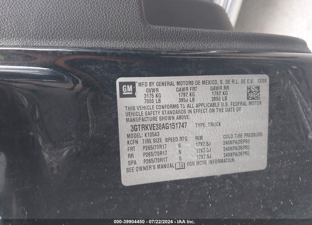 2010 GMC SIERRA 1500 SLE VIN: 3GTRKVE38AG151747