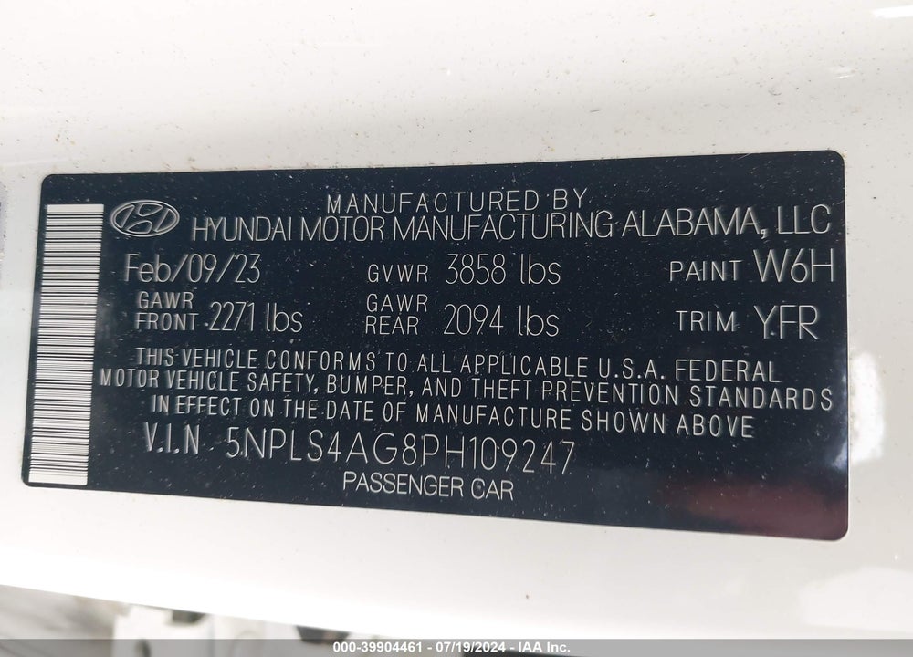 2023 HYUNDAI ELANTRA SEL VIN: 5NPLS4AG8PH109247