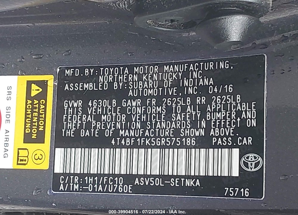 2016 TOYOTA CAMRY LE VIN: 4T4BF1FK5GR575186