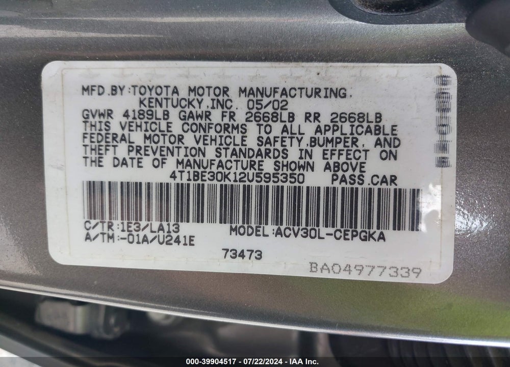 2002 TOYOTA CAMRY XLE VIN: 4T1BE30K12U595350