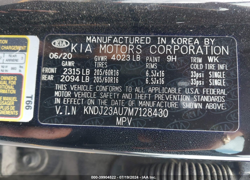 2021 KIA SOUL !/+/S VIN: KNDJ23AU7M7128430