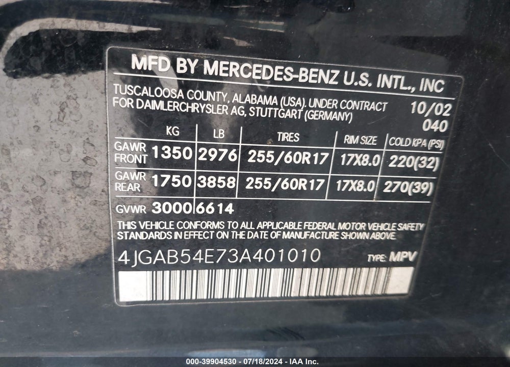 2003 MERCEDES-BENZ ML 320 VIN: 4JGAB54E73A401010