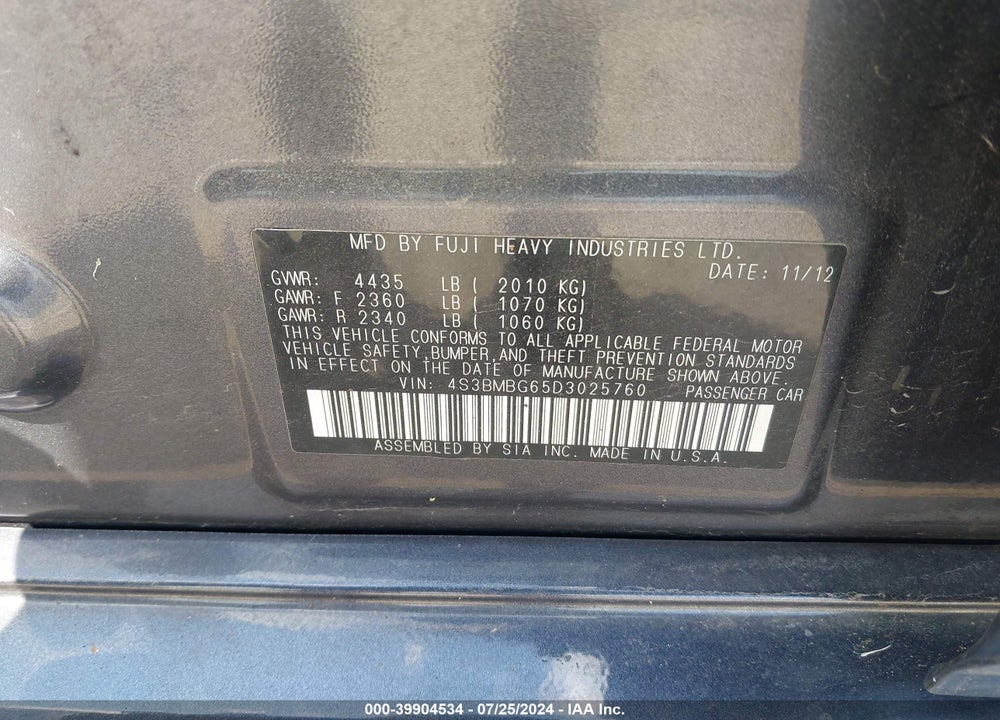 2013 SUBARU LEGACY 2.5 I SPORT VIN: 4S3BMBG65D3025760