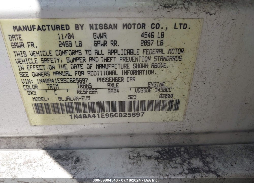 2005 NISSAN MAXIMA VIN: 1N4BA41E95C825697
