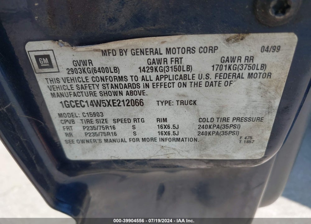 1999 CHEVROLET SILVERADO 1500 VIN: 1GCEC14W5XE212066