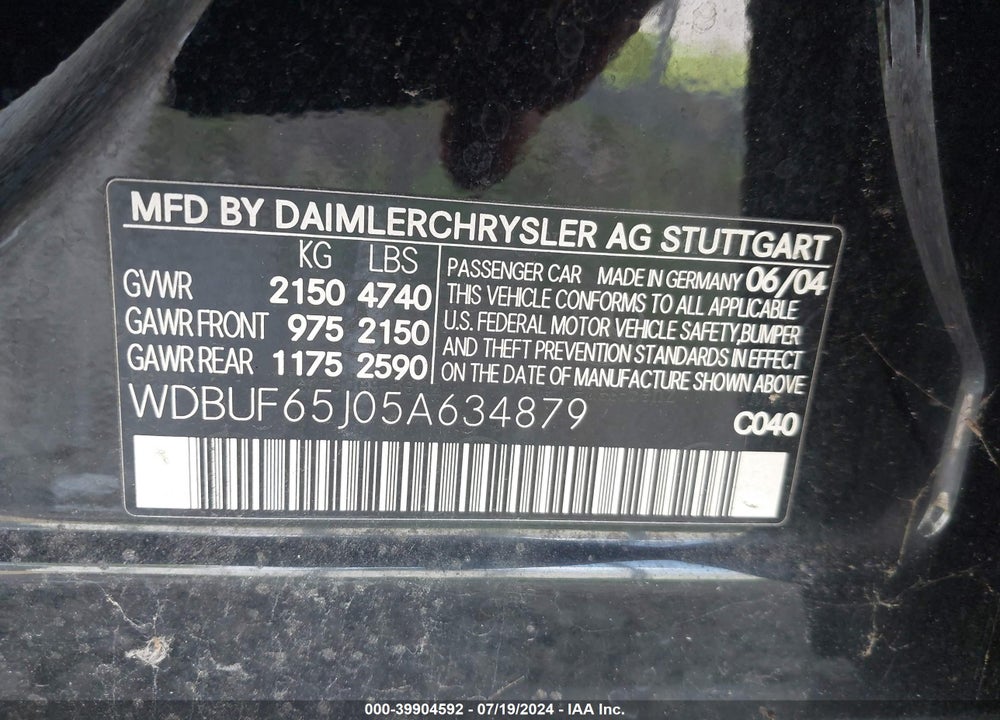 2005 MERCEDES-BENZ E 320 VIN: WDBUF65J05A634879