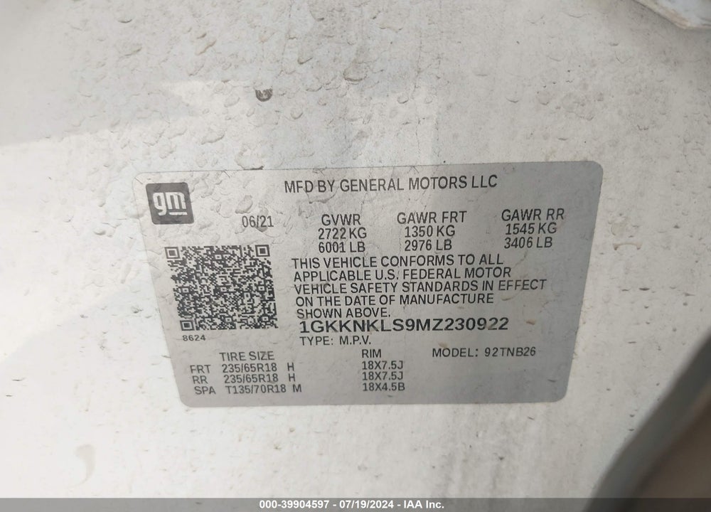 2021 GMC ACADIA FWD SLE VIN: 1GKKNKLS9MZ230922