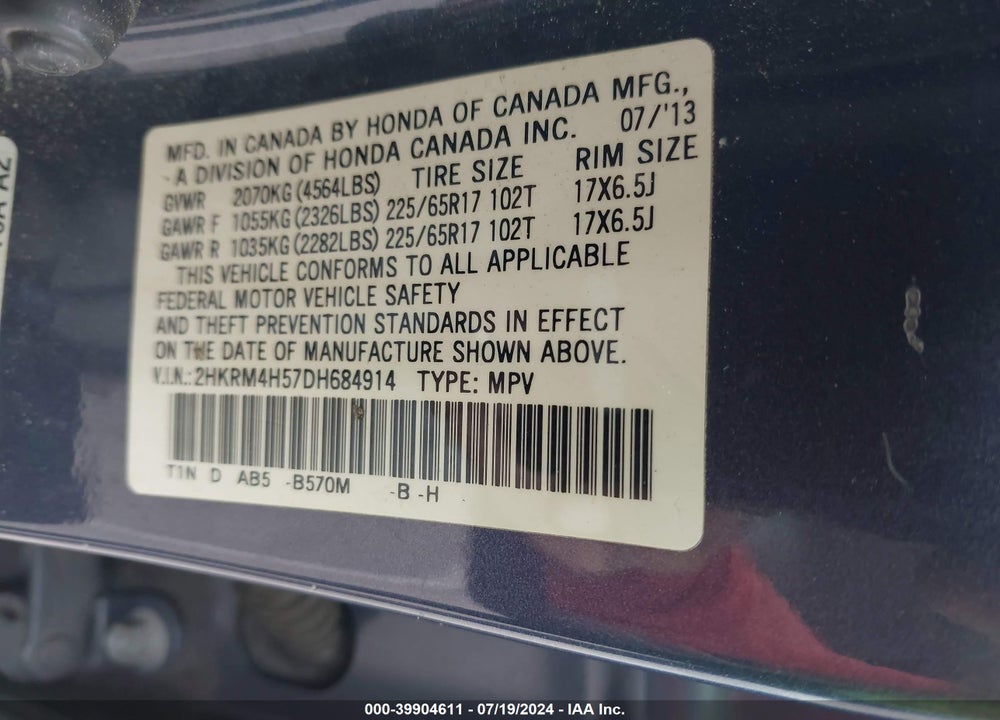 2013 HONDA CR-V EX VIN: 2HKRM4H57DH684914