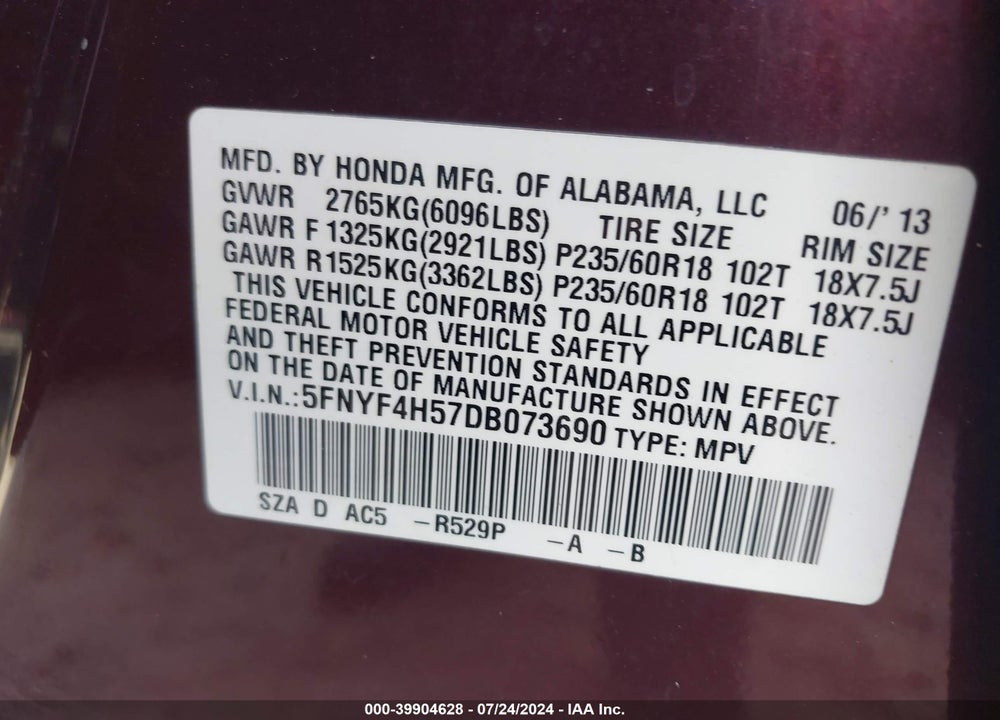 2013 HONDA PILOT EX-L VIN: 5FNYF4H57DB073690