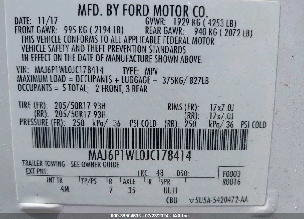 2018 FORD ECOSPORT TITANIUM VIN: MAJ6P1WL0JC178414