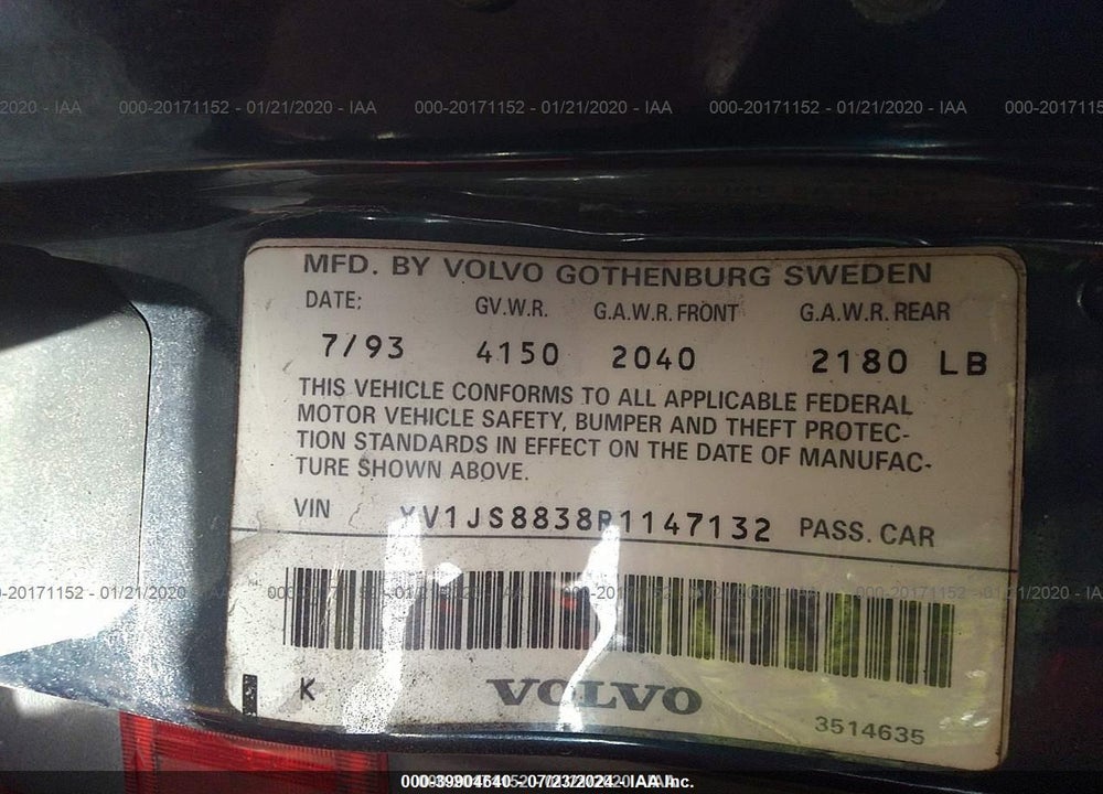 1994 VOLVO 940 VIN: YV1JS8838R1147132