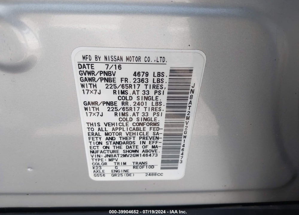 2016 NISSAN ROGUE S VIN: JN8AT2MV2GW146473