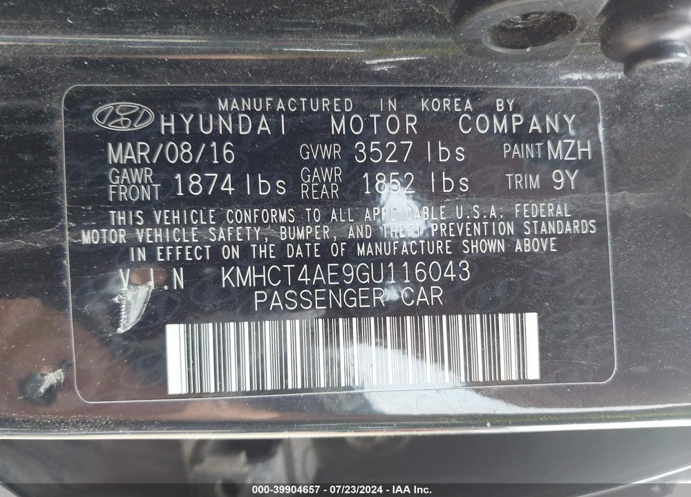 2016 HYUNDAI ACCENT SE VIN: KMHCT4AE9GU116043