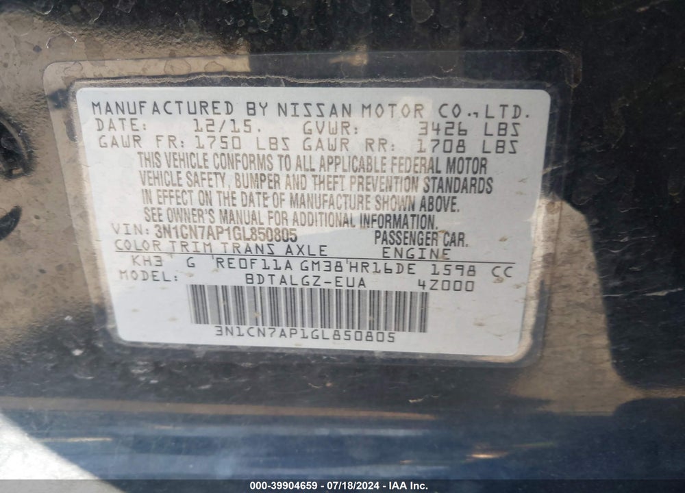 2016 NISSAN VERSA 1.6 SL VIN: 3N1CN7AP1GL850805