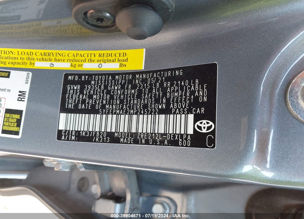 2021 TOYOTA COROLLA LE VIN: 5YFEPMAE2MP245722