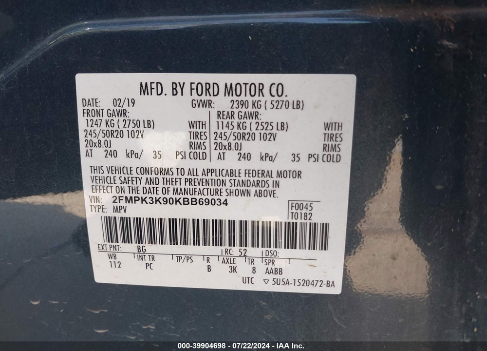 2019 FORD EDGE TITANIUM VIN: 2FMPK3K90KBB69034