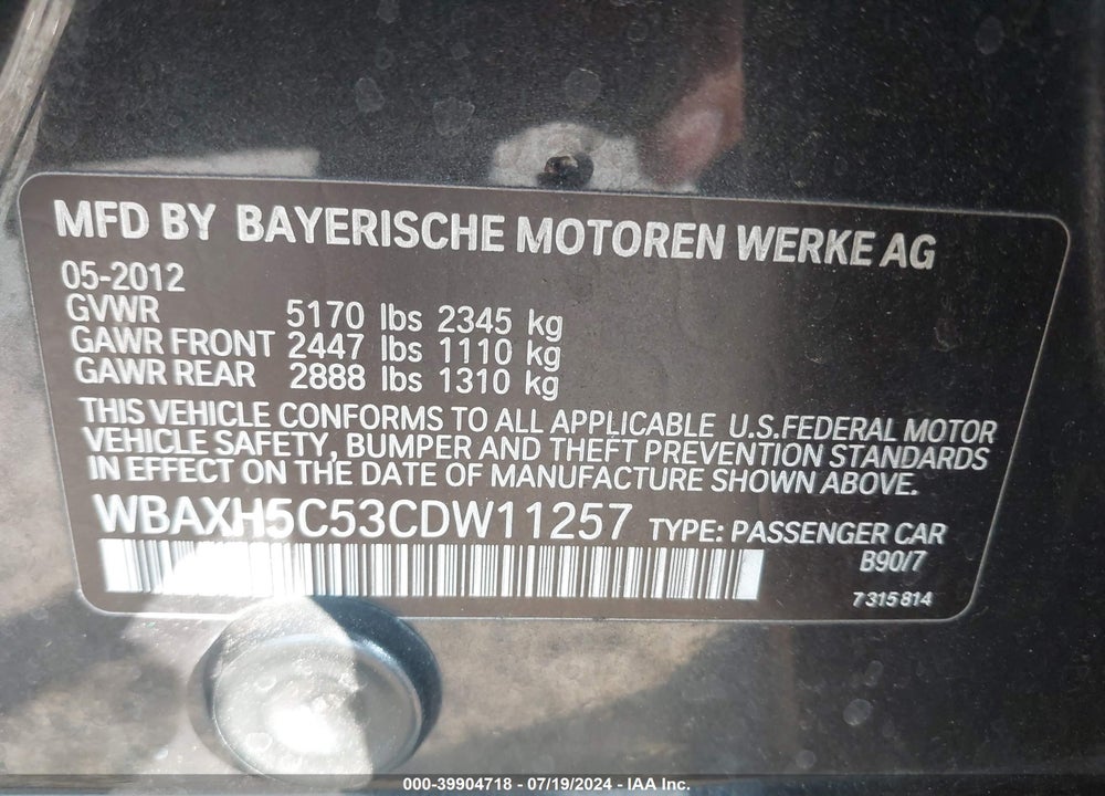 2012 BMW 528I XDRIVE VIN: WBAXH5C53CDW11257