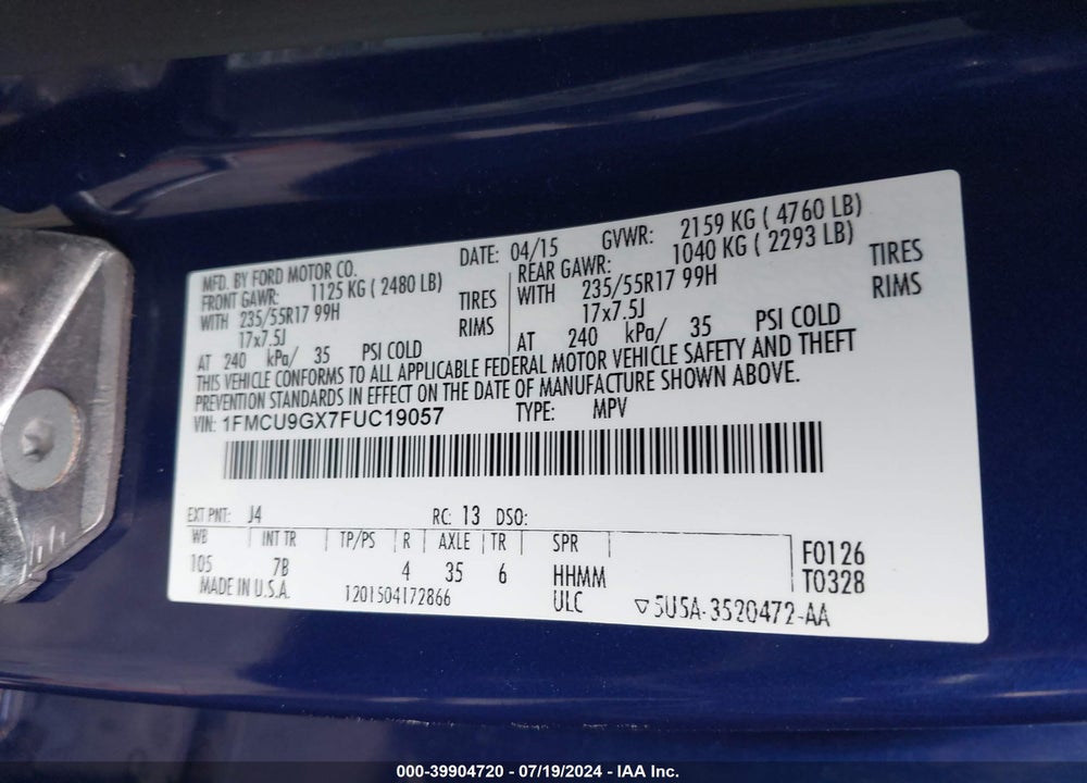 2015 FORD ESCAPE SE VIN: 1FMCU9GX7FUC19057