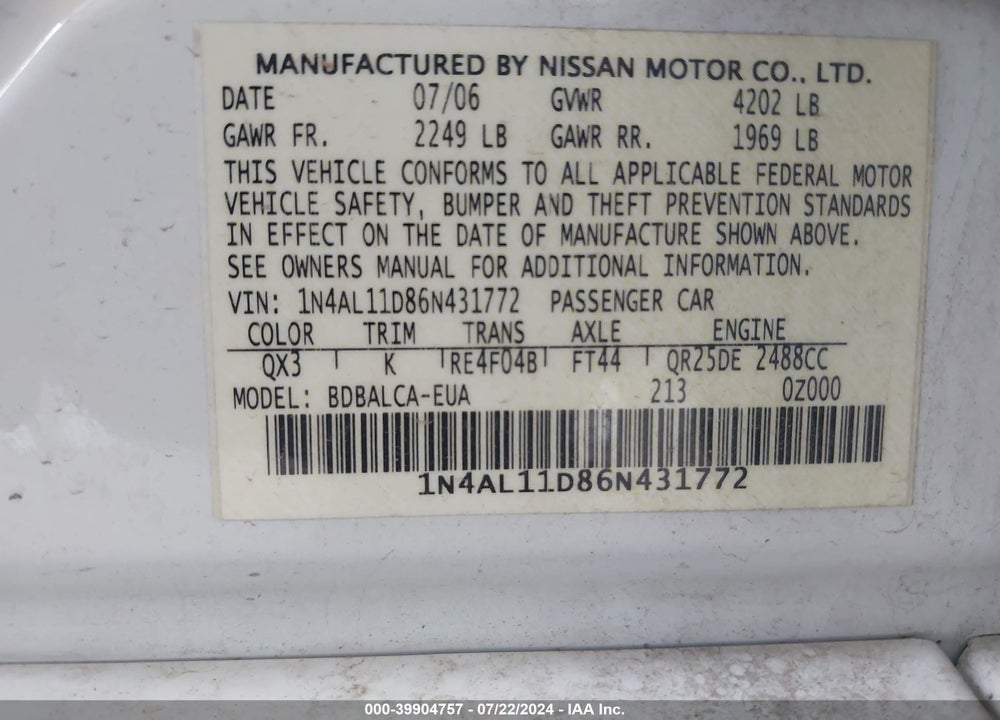 2006 NISSAN ALTIMA 2.5 S VIN: 1N4AL11D86N431772