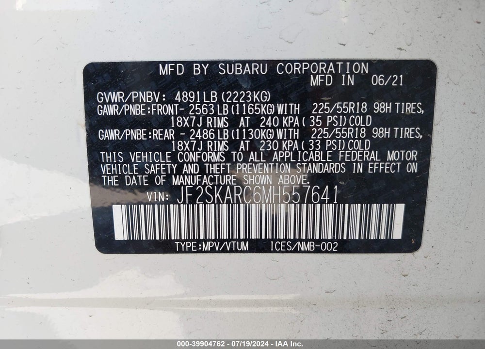 2021 SUBARU FORESTER SPORT VIN: JF2SKARC6MH557641