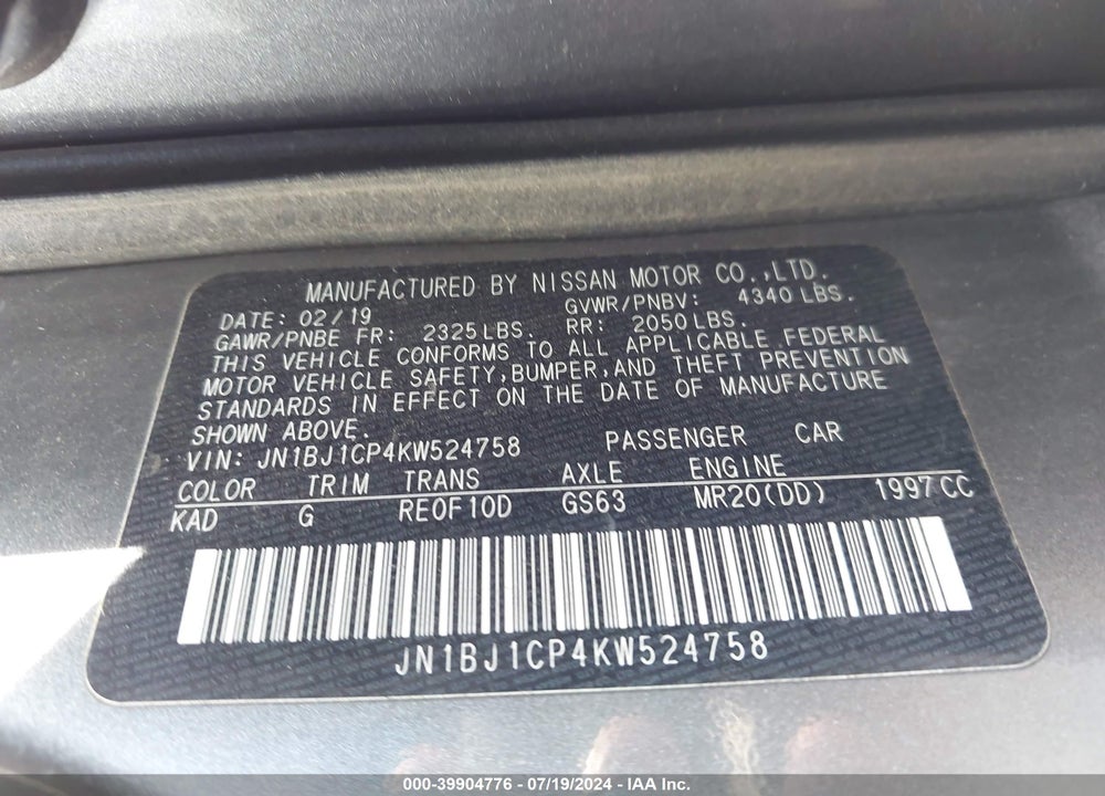 2019 NISSAN ROGUE SPORT S VIN: JN1BJ1CP4KW524758