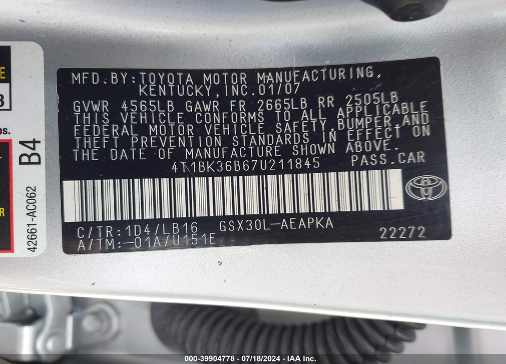 2007 TOYOTA AVALON LIMITED VIN: 4T1BK36B67U211845